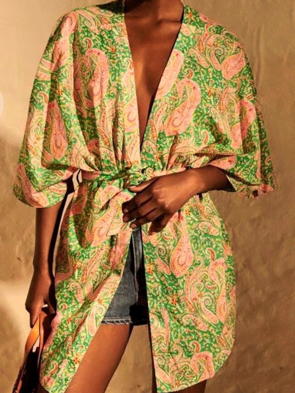 ba&sh Olsen Kimono Paisley Tunic in Green & Pink Size Small